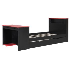 Twin Size Wood Daybed with Twin Size Trundle, Desk, LED light and USB