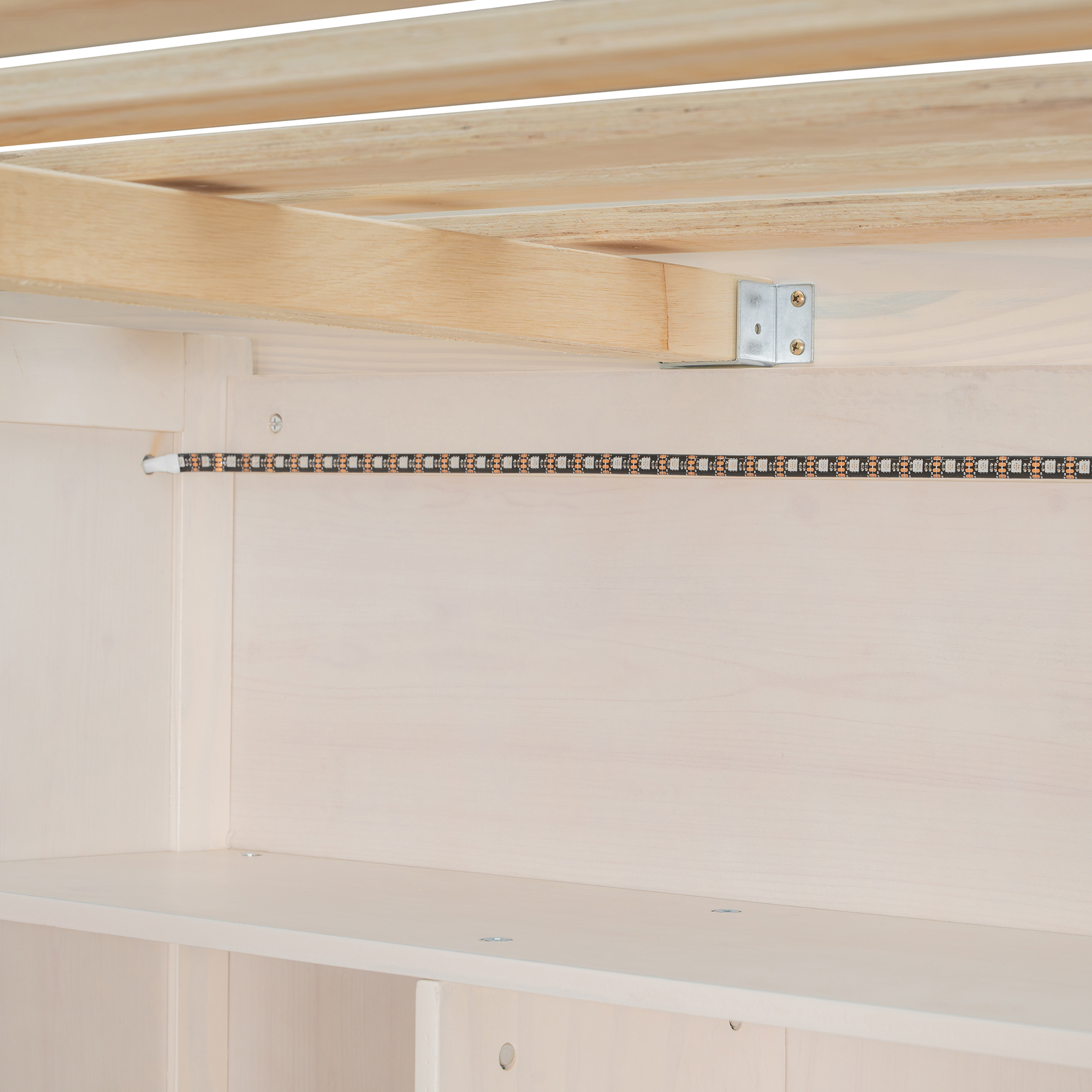 Full Loft Bed Frame with Built-In Wardrobe, Study Desk, Storage Shelves & Lights 14 Full Loft Bed Frame with Built-In Wardrobe, Study Desk, Storage Shelves & Lights