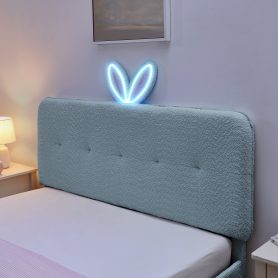 Queen Size Kids Upholstered Bed With Oversized Rabbit Ear Headboard, Music Sync, LED Light & 4 Storage Drawers