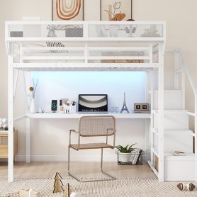 Full Size Metal Loft Bed With Desk, Charging Station, Stairs And Light
