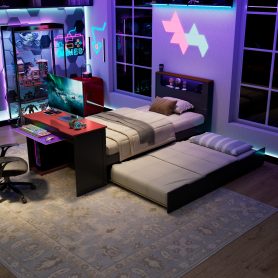 Twin Size Wood Daybed with Twin Size Trundle, Desk, LED light and USB