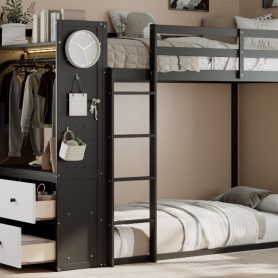 Twin Size Bunk Bed with 4 Storage Drawers, Hanging Rail, Light Strip and Built-in Shelves & Dual Pegboards