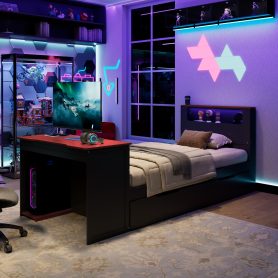 Twin Size Wood Daybed with Twin Size Trundle, Desk, LED light and USB