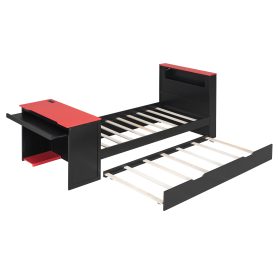 Twin Size Wood Daybed with Twin Size Trundle, Desk, LED light and USB