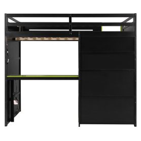 Full Size Wooden Gaming Loft Bed with Storage Shelves, Desk, USB & Power Outlet, and LED Light