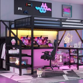 Metal Queen Size Loft Bed with L Shaped Desk and USB for Kids Teens Adults