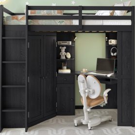 Twin Size Loft Bed with Integrated Large Wardrobe and Desk