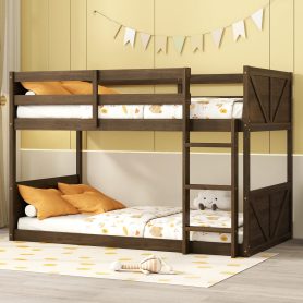 Twin over Twin Floor Bunk Bed with Safety Guardrails, Built-in Ladder 33 Twin over Twin Floor Bunk Bed with Safety Guardrails, Built-in Ladder