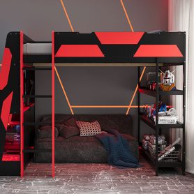 Full Size Gaming Loft Bed with Desk, Shelves & LED Lights