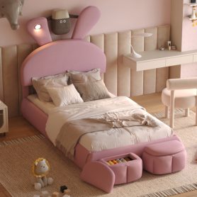 Twin Size Upholstered Platform Bed With Cartoon Ears Shaped Headboard And Light