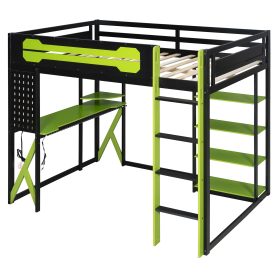 Full Size Wood Loft Bed with Desk, Shelves, Power Outlet & USB/Type-C Ports and RGB Light