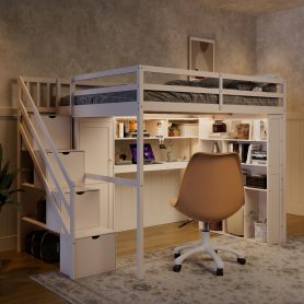 Full Loft Bed Frame with Built-In Wardrobe, Study Desk, Storage Shelves & Lights 30 Full Loft Bed Frame with Built-In Wardrobe, Study Desk, Storage Shelves & Lights