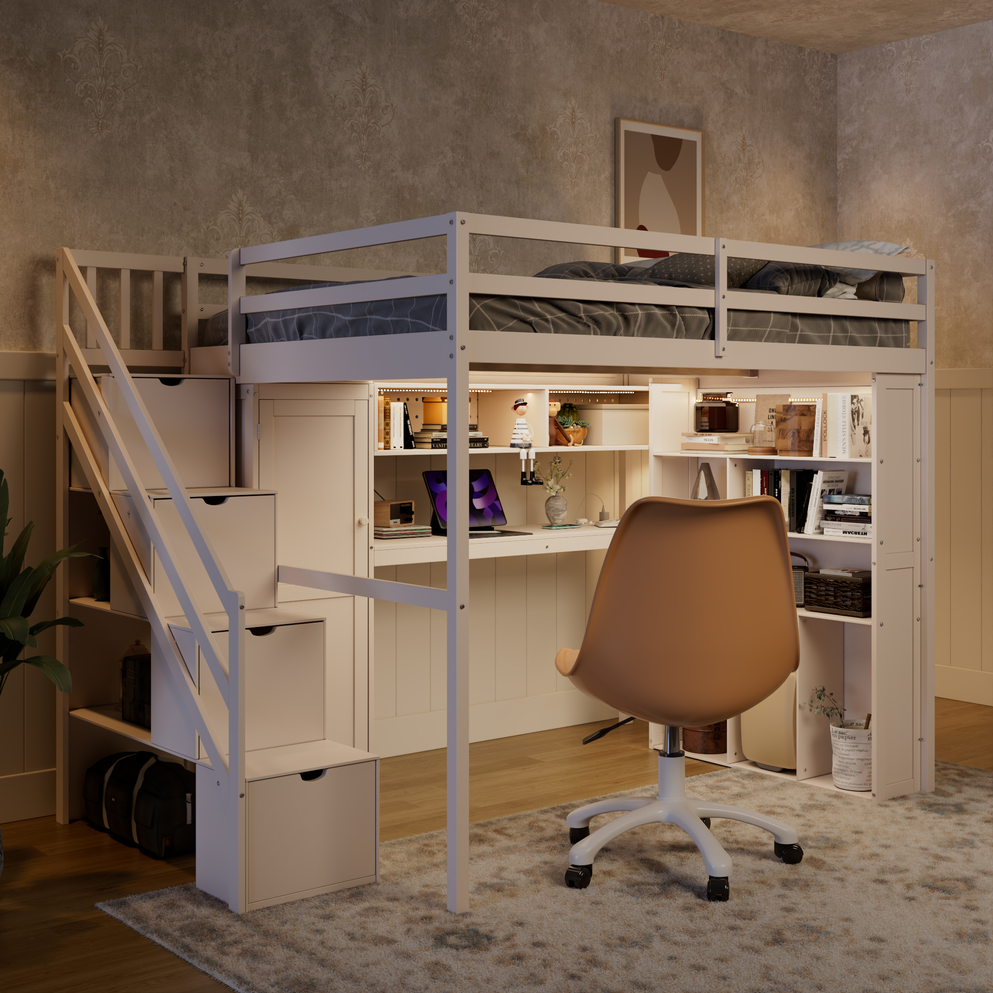 Full Loft Bed Frame with Built-In Wardrobe, Study Desk, Storage Shelves & Lights 6 Full Loft Bed Frame with Built-In Wardrobe, Study Desk, Storage Shelves & Lights