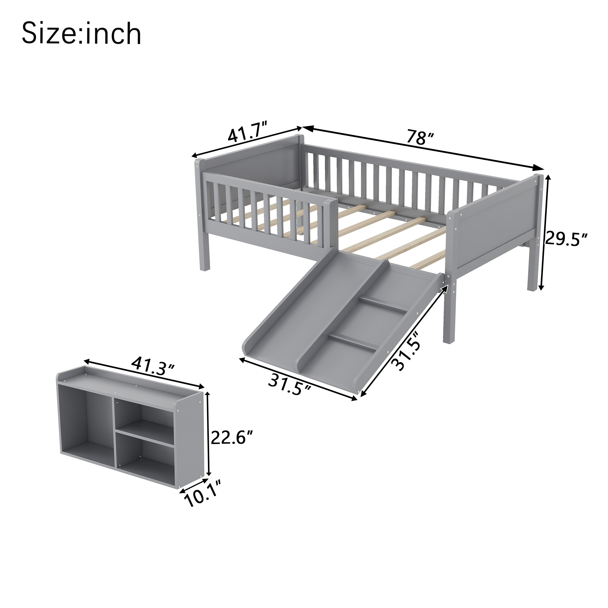 Twin Size Low Loft Bed with Slide, Movable Bookshelf Storage, Guardrails 17 Twin Size Low Loft Bed with Slide, Movable Bookshelf Storage, Guardrails