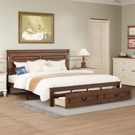 King Size Bed with Tall-Panel Headboard & Footboard, 2 Storage Drawers, Built-in LED Lights, USB Charging Station