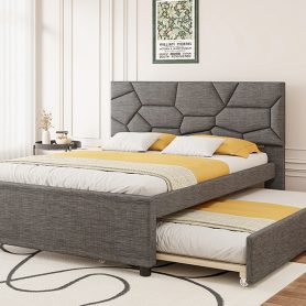 Queen Size Upholstered Platform Bed with Brick Pattern Headboard and Twin XL Size Trundle 28 Queen Size Upholstered Platform Bed with Brick Pattern Headboard and Twin XL Size Trundle