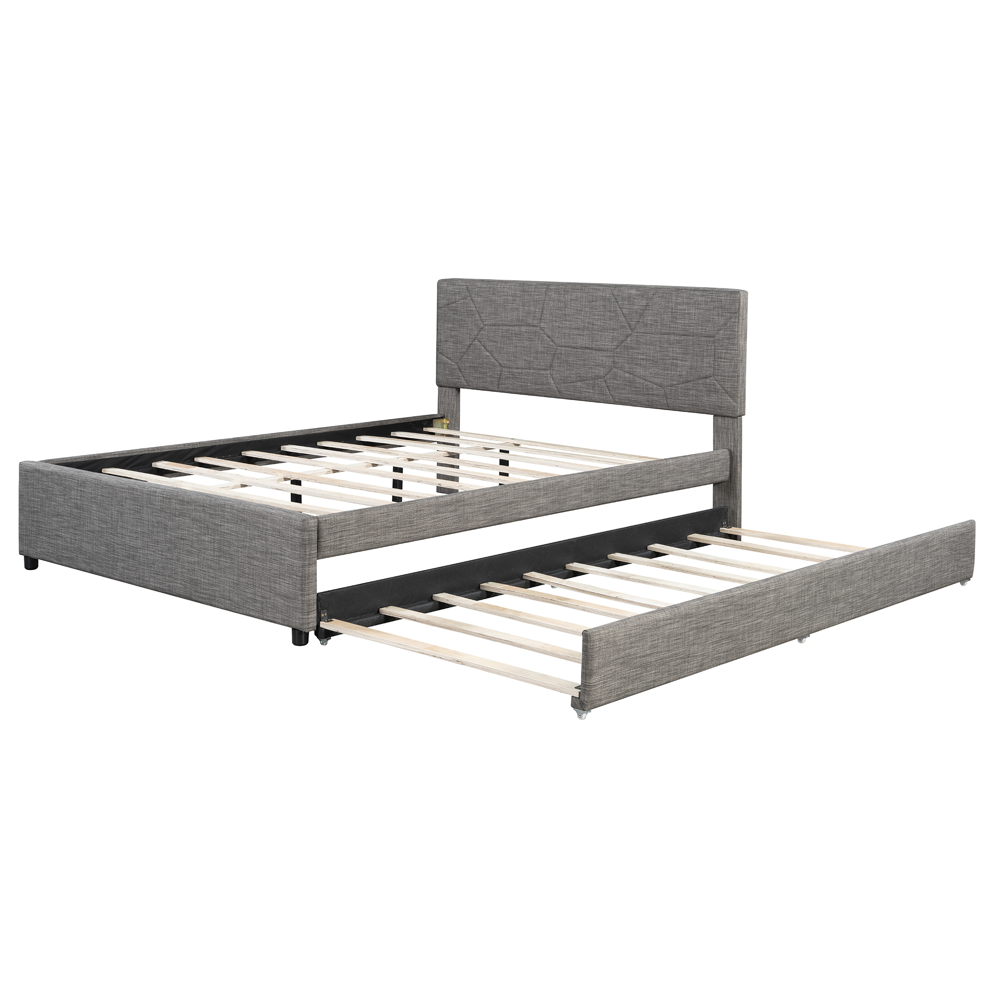 Queen Size Upholstered Platform Bed with Brick Pattern Headboard and Twin XL Size Trundle 9 Queen Size Upholstered Platform Bed with Brick Pattern Headboard and Twin XL Size Trundle