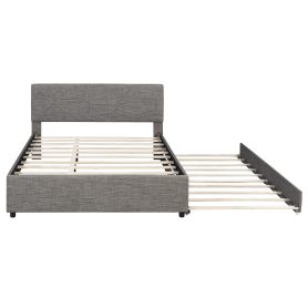Queen Size Upholstered Platform Bed with Brick Pattern Headboard and Twin XL Size Trundle 44 Queen Size Upholstered Platform Bed with Brick Pattern Headboard and Twin XL Size Trundle