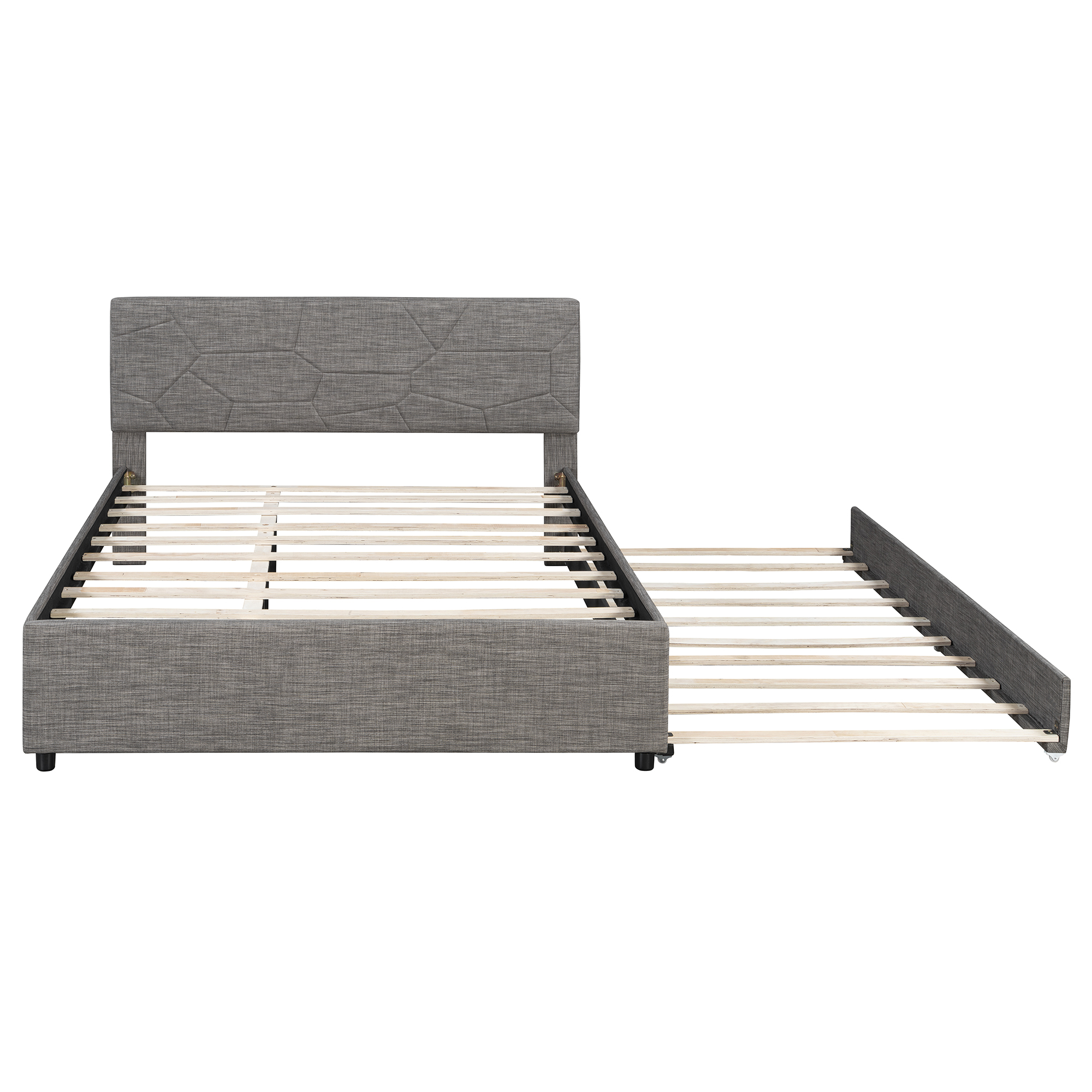 Queen Size Upholstered Platform Bed with Brick Pattern Headboard and Twin XL Size Trundle 22 Queen Size Upholstered Platform Bed with Brick Pattern Headboard and Twin XL Size Trundle