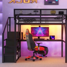 Metal Full Size Loft Bed With Desk, Charging Station, Stairs And Light