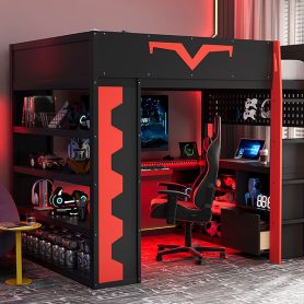 Full Size Gaming Loft Bed with Integrated Desk & RGB LED Lights, Pro-Gamer Bed with Power Outlet, Large Bookshelf, Pegboard, Keyboard Tray & Storage Drawer