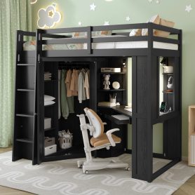 Twin Size Loft Bed with Integrated Large Wardrobe and Desk