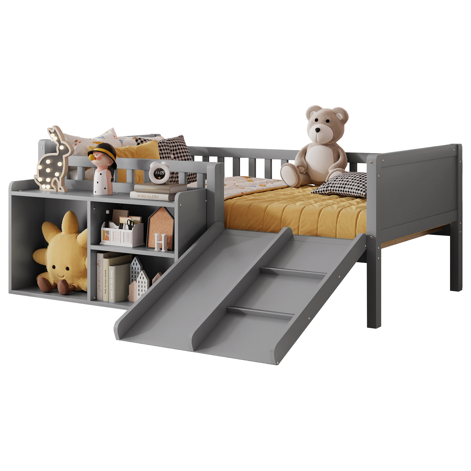Twin Size Low Loft Bed with Slide, Movable Bookshelf Storage, Guardrails 11 Twin Size Low Loft Bed with Slide, Movable Bookshelf Storage, Guardrails