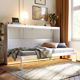 Twin-Size Modern Side-Folding Murphy Bed with Trendy Printed Pattern, LED Under-Bed Lighting & Built-In USB Outlet