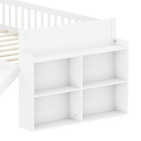 Wooden Twin Bed Frame With Storage Shelf, Guardrail, Slide And Ladder