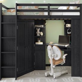 Twin Size Loft Bed with Integrated Large Wardrobe and Desk