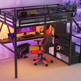 Metal Queen Size Loft Bed With Desk, Charging Station, Stairs And Light 45 Metal Queen Size Loft Bed With Desk, Charging Station, Stairs And Light