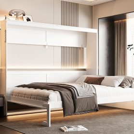 Queen-Size Modern Side-Folding Murphy Bed with Trendy Printed Pattern, LED Under-Bed Lighting & Built-In USB Outlet