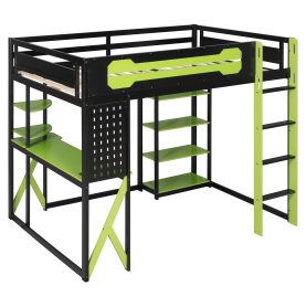 Full Size Wood Loft Bed with Desk, Shelves, Power Outlet & USB/Type-C Ports and RGB Light