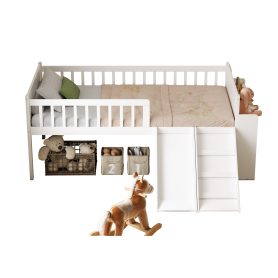 Wooden Twin Bed Frame With Storage Shelf, Guardrail, Slide And Ladder