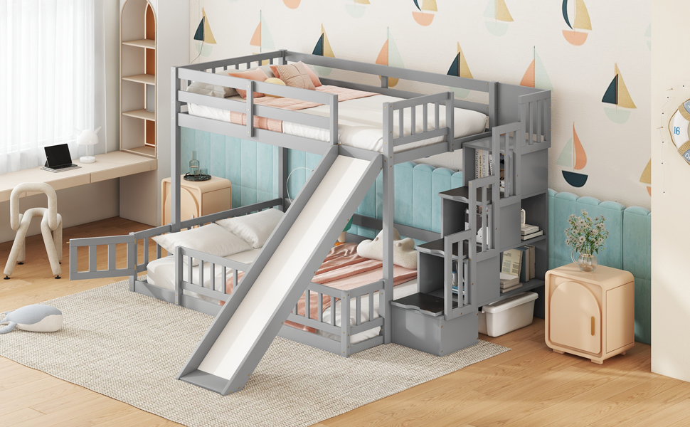 Twin Over Full Bunk Bed with Slide, Storage Staircase and Guardrails 24 Twin Over Full Bunk Bed with Slide, Storage Staircase and Guardrails