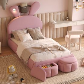 Twin Size Upholstered Platform Bed With Cartoon Ears Shaped Headboard And Light