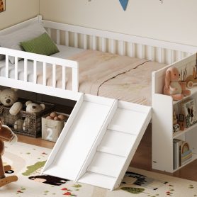 Wooden Twin Bed Frame With Storage Shelf, Guardrail, Slide And Ladder