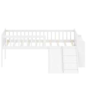 Wooden Twin Bed Frame With Storage Shelf, Guardrail, Slide And Ladder