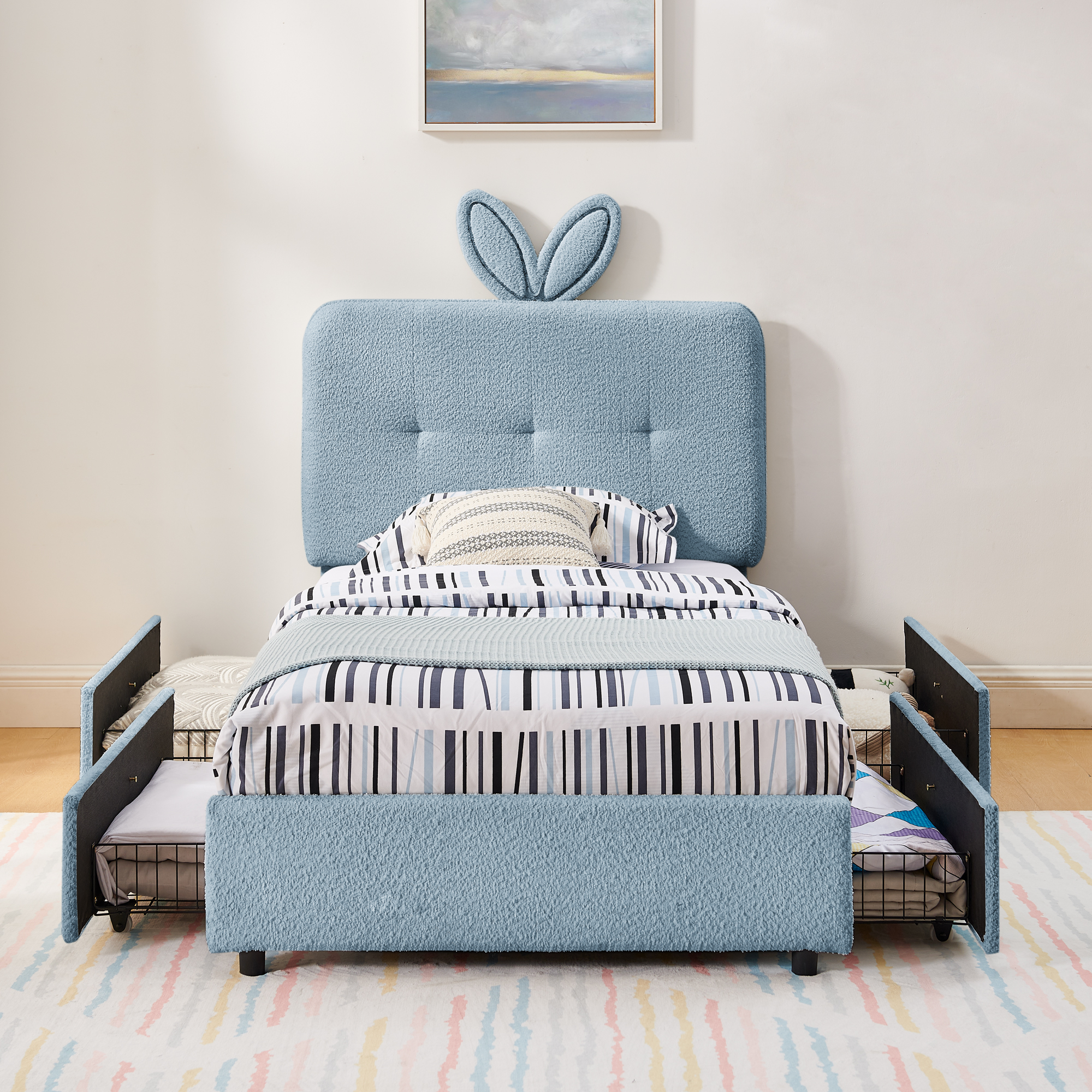 Twin Size Kids Upholstered Bed With Oversized Rabbit Ear Headboard, Music Sync, LED Light & 4 Storage Drawers 10 Twin Size Kids Upholstered Bed With Oversized Rabbit Ear Headboard, Music Sync, LED Light & 4 Storage Drawers