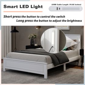 Queen Size Bed with Tall-Panel Headboard & Footboard, Built-in LED Lights, USB Charging Station