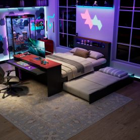 Full Size Wood Daybed with Twin Size Trundle, Desk, LED light and USB