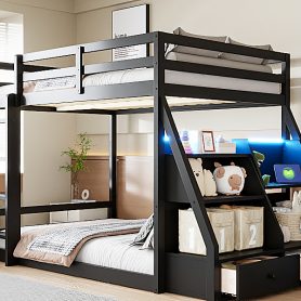 Full Bunk Bed with APP-Controlled LED Lights, USB Ports, Storage Shelves and 2 Drawers