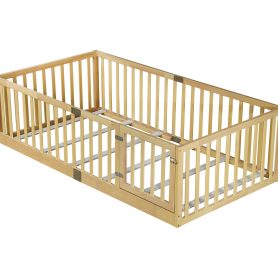 Twin Size Floor Bed with High Fence Railings