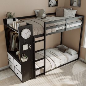 Twin Size Bunk Bed with 4 Storage Drawers, Hanging Rail, Light Strip and Built-in Shelves & Dual Pegboards