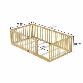 Twin Size Floor Bed with High Fence Railings, without Door