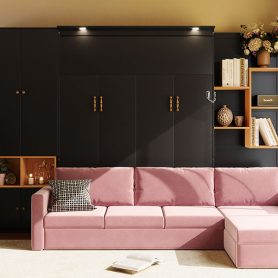 Queen Size Murphy Bed with Large Sofa, Storage Shelves & Cabinets