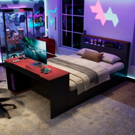 Full Size Wood Daybed with Twin Size Trundle, Desk, LED light and USB