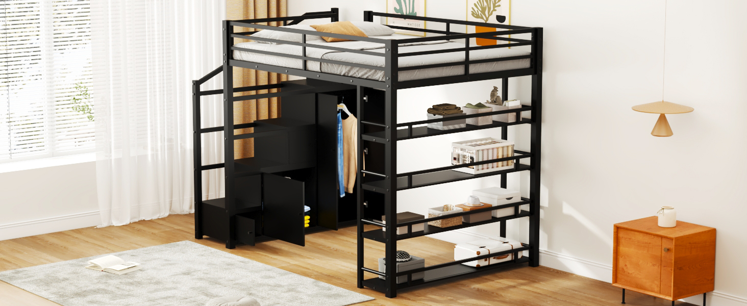 Queen Size Metal Loft Bed with Storage Shelves, Cabinets and Wardrobe 9 Queen Size Metal Loft Bed with Storage Shelves, Cabinets and Wardrobe