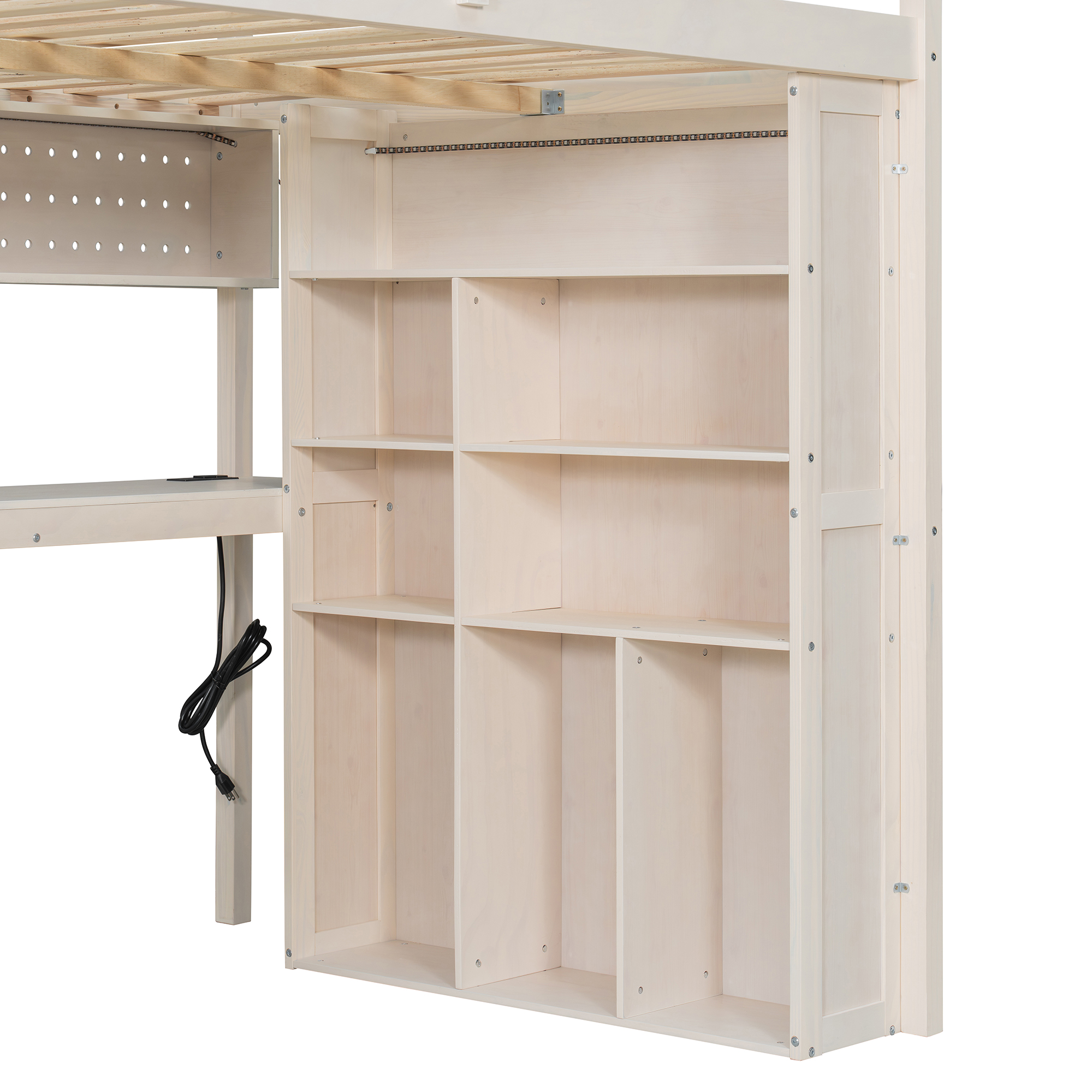 Full Loft Bed Frame with Built-In Wardrobe, Study Desk, Storage Shelves & Lights 11 Full Loft Bed Frame with Built-In Wardrobe, Study Desk, Storage Shelves & Lights