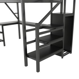 Metal Full Loft Bed With Wardrobe, LED Light, L Shaped Desk And USB